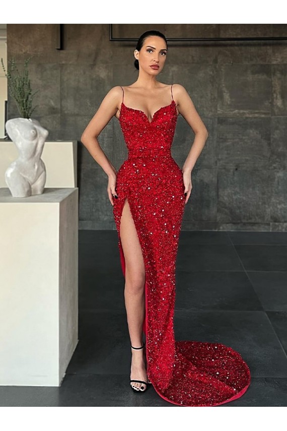 Red V-Neck Sleeveless Sweep Train Prom Dress Canada Supplier