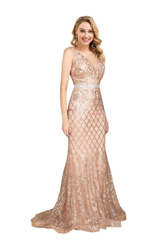 Rose Gold V-Neck Sleeveless V-Back Long Plus Size Prom Dress Canada Supplier