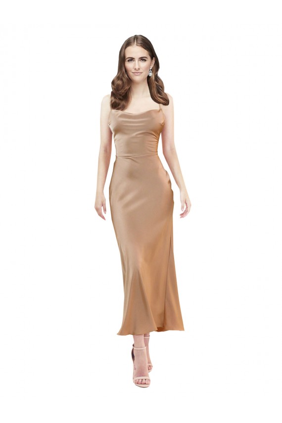 Rose Gold Cowl Neck Sleeveless Low Back Midi Length Prom Dress Canada Supplier