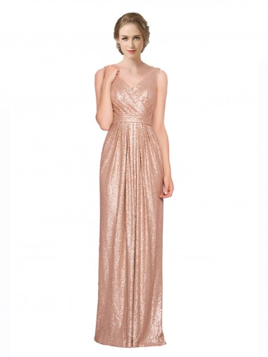 Rose Gold V-Neck Sleeveless Long Prom Dress Canada Supplier