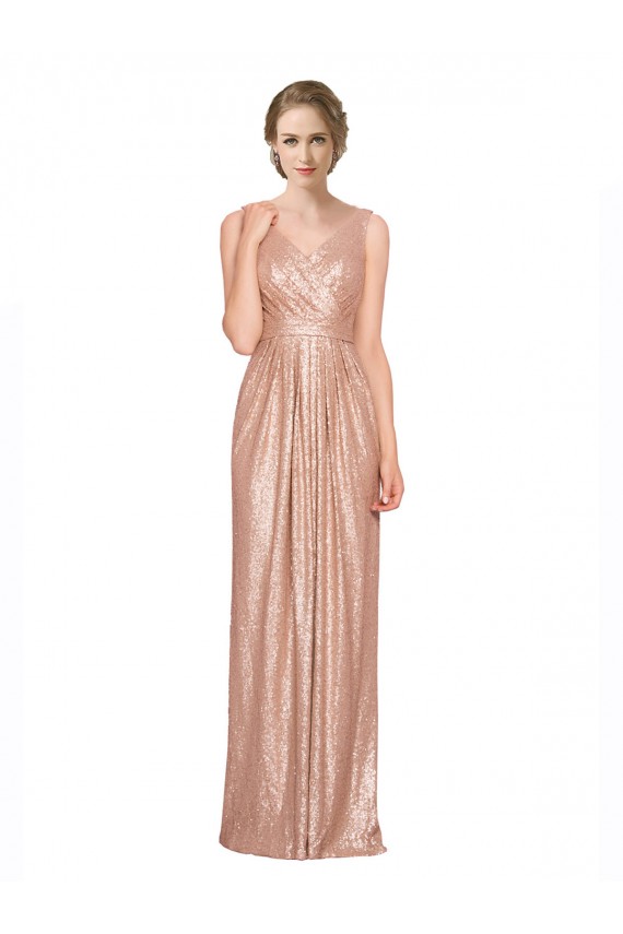 Rose Gold V-Neck Sleeveless Long Prom Dress Canada Supplier