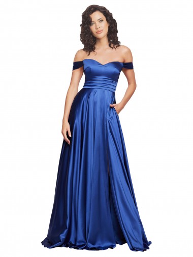 Royal Blue Off the Shoulder Sleeveless Sweep Train A-Line Prom Dress Canada Supplier