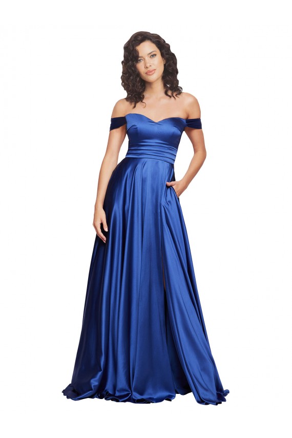 Royal Blue Off the Shoulder Sleeveless Sweep Train A-Line Prom Dress Canada Supplier