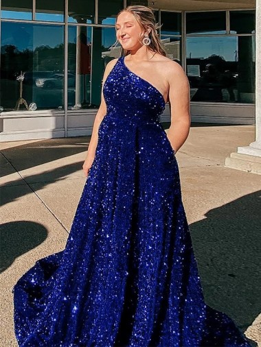 Royal Blue One Shoulder Sleeveless Velvet Sequin Sweep Train Prom Dress Canada Supplier