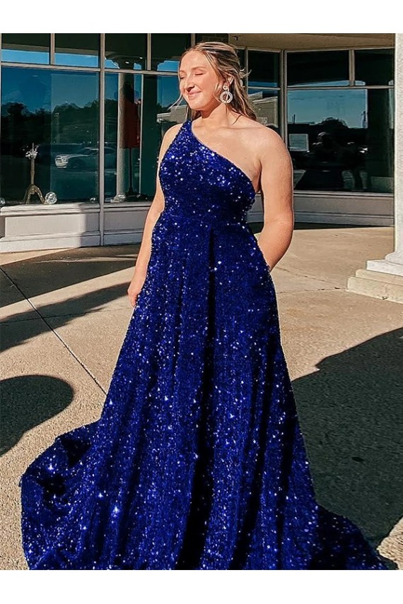 Royal Blue One Shoulder Sleeveless Velvet Sequin Sweep Train Prom Dress Canada Supplier