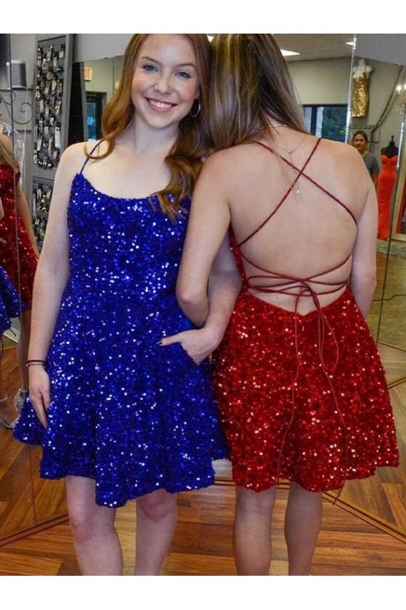 Royal Blue Spaghetti Straps Sleeveless Velvet Sequin Short Homecoming Dress / Prom Dress Canada Supplier