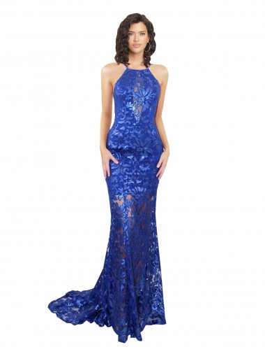 Royal Blue High Neck Sleeveless Open Back Long Prom Dress Canada Supplier
