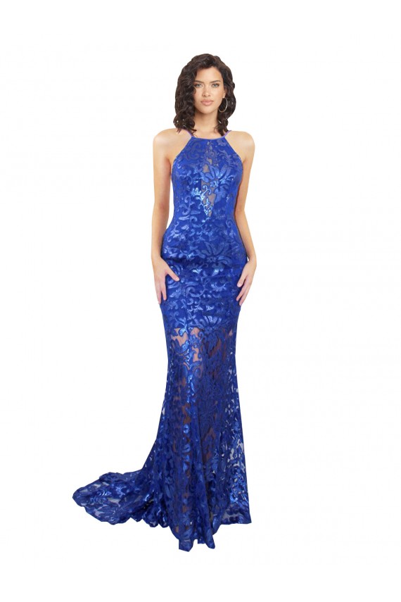 Royal Blue High Neck Sleeveless Open Back Long Prom Dress Canada Supplier