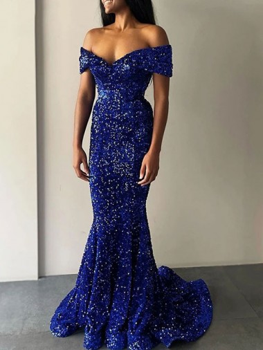 Royal Blue Off the Shoulder Sleeveless Long Sweep Train Prom Dress Canada Supplier