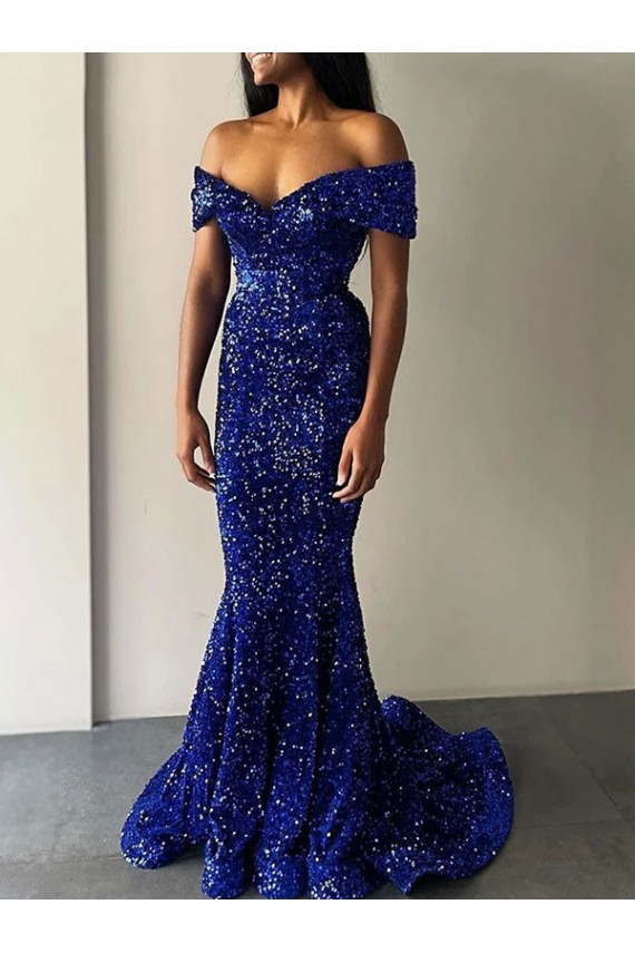 Royal Blue Off the Shoulder Sleeveless Long Sweep Train Prom Dress Canada Supplier