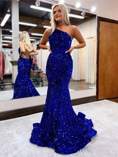 Royal Blue One Shoulder Sleeveless Sweep Train Prom Dress Canada Supplier