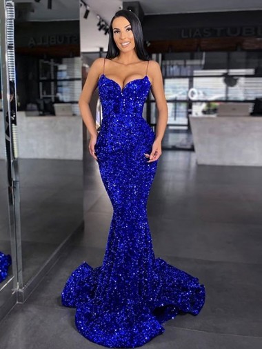 Royal Blue Spaghetti Straps Sleeveless Sweep Train Prom Dresses Canada Supplier