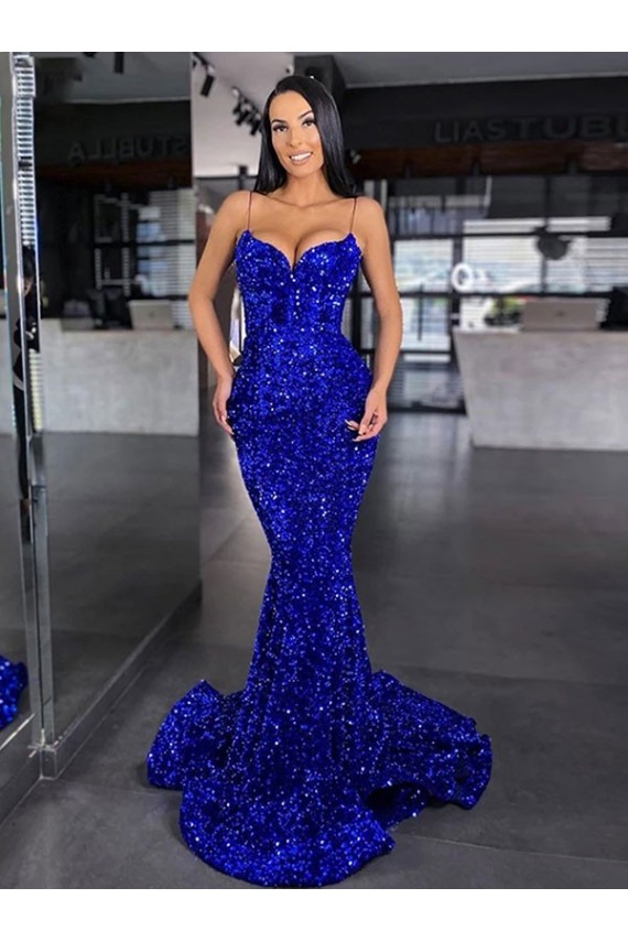 Royal Blue Spaghetti Straps Sleeveless Sweep Train Prom Dresses Canada Supplier