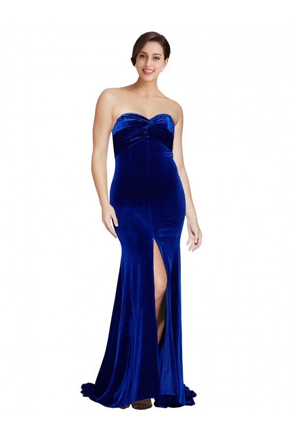 Royal Blue Strapless Sleeveless Low Back Sweep Train Prom Dress Canada Supplier