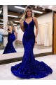 Royal Blue V-Neck Sleeveless Court Train Prom Dress Canada Supplier