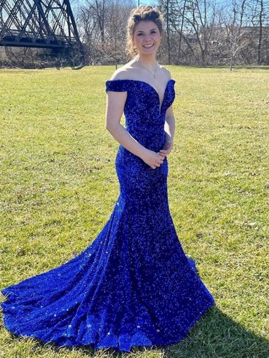 Royal Blue Off the Shoulder Sleeveless Sweep Train Prom Dress Canada Supplier