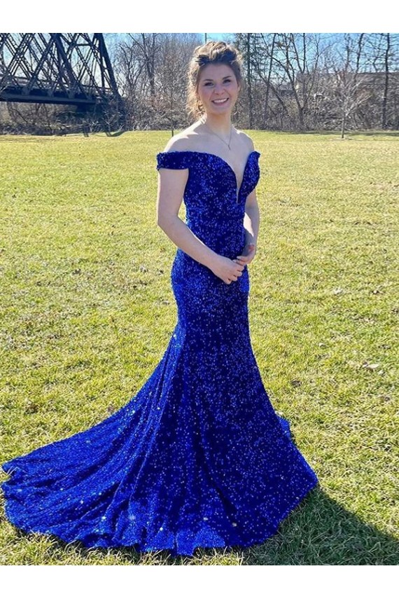 Royal Blue Off the Shoulder Sleeveless Sweep Train Prom Dress Canada Supplier