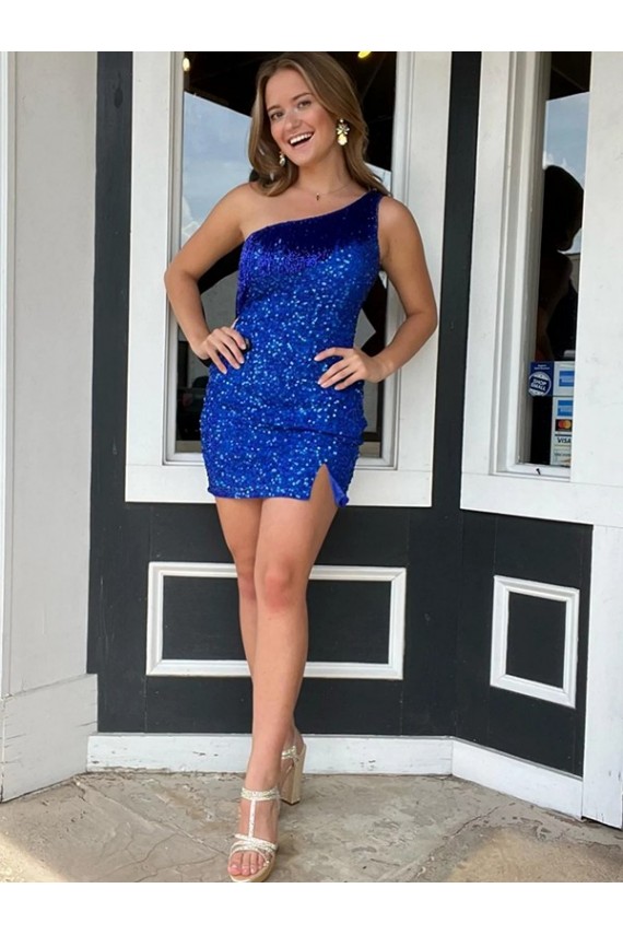 Royal Blue One Shoulder Sleeveless Short Short Prom Dress Canada Supplier