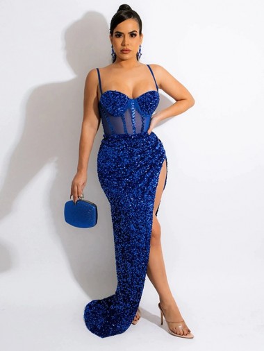 Royal Blue Spaghetti Straps Sleeveless Sweep Train Long Prom Dress Canada Supplier