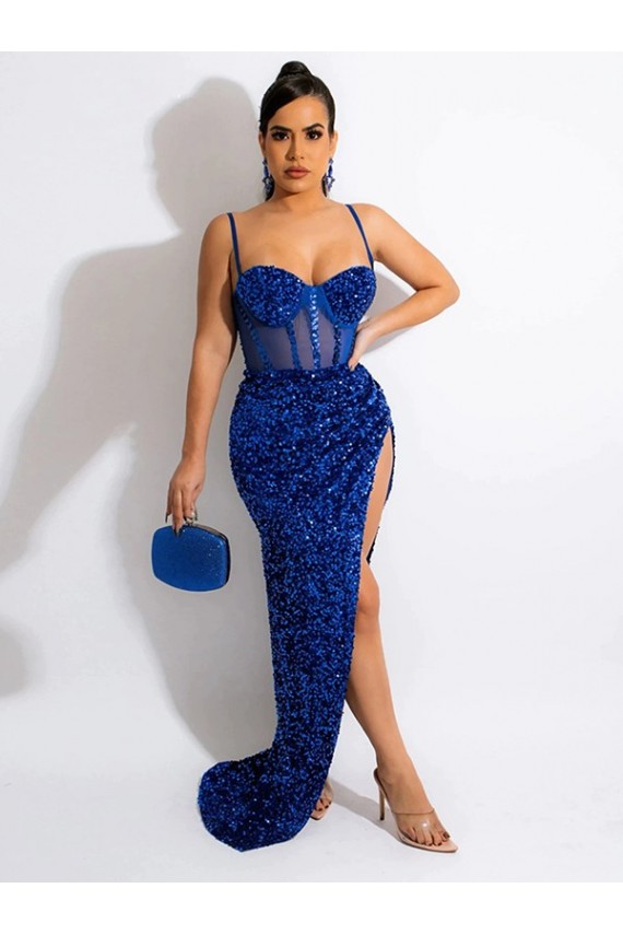 Royal Blue Spaghetti Straps Sleeveless Sweep Train Long Prom Dress Canada Supplier