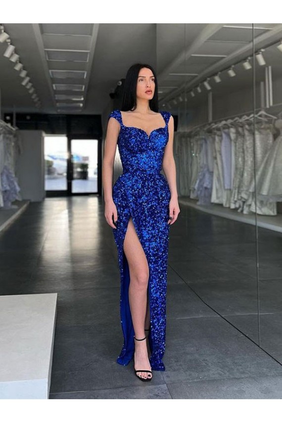 Royal Blue Spaghetti Straps Sleeveless Sweep Train Prom Dress Canada Supplier