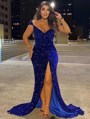 Royal Blue V-Neck Sleeveless Sweep Train Prom Dress Canada Supplier