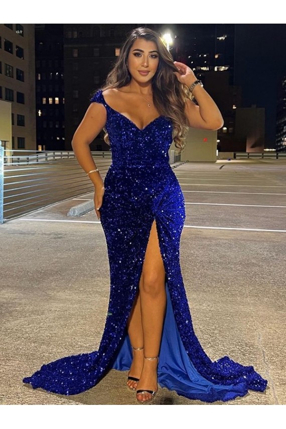 Royal Blue V-Neck Sleeveless Sweep Train Prom Dress Canada Supplier