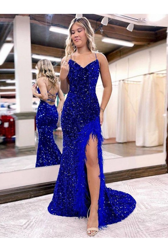 Royal Blue V-Neck Sleeveless Sweep Train Sexy Prom Dress Canada Supplier