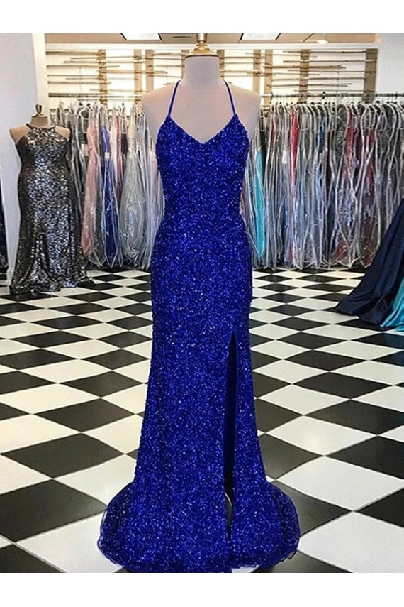 Royal Blue V-Neck Sleeveless Sweep Train Sheath Prom Dress Canada Supplier