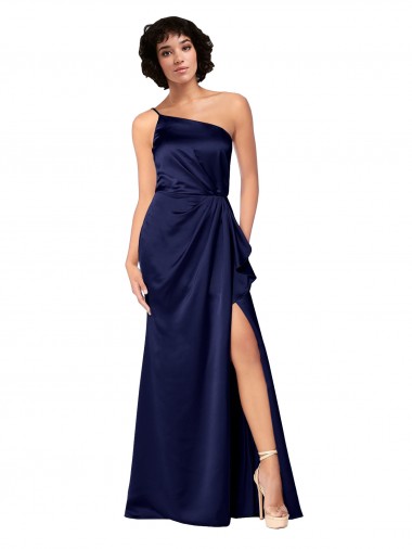 Sapphire One Shoulder Sleeveless Silky Satin Long Prom Dress Canada Supplier