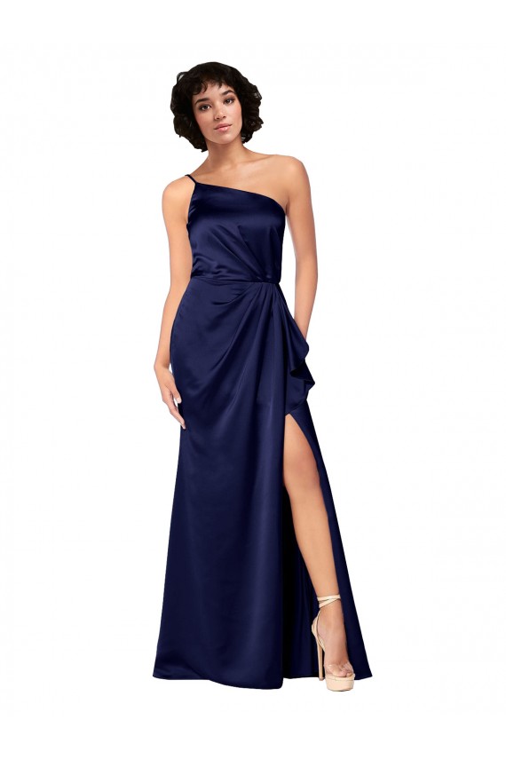Sapphire One Shoulder Sleeveless Silky Satin Long Prom Dress Canada Supplier