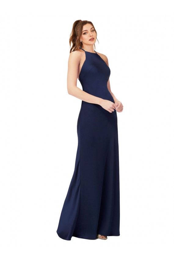 Sapphire High Neck Sleeveless Criss Cross Back Long Prom Dress Canada Supplier