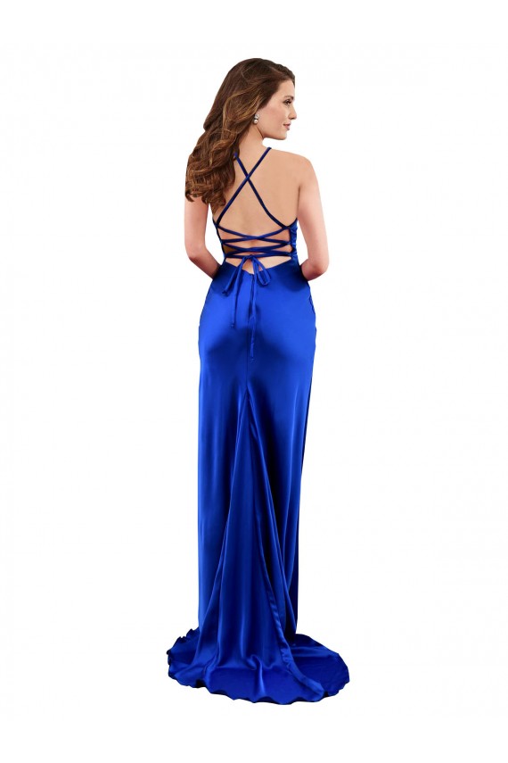 Royal Blue Cowl Neck Sleeveless Criss Cross Open Back Long Prom Dress Canada Supplier