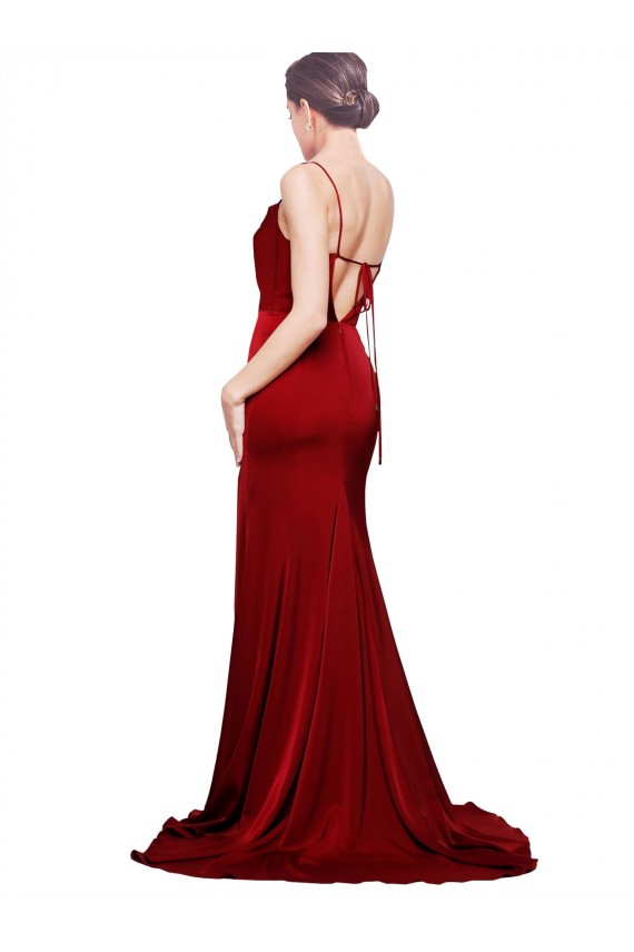 Burgundy Cowl Neck Sleeveless Criss Cross Back Sweep Train Prom Dress Canada Supplier