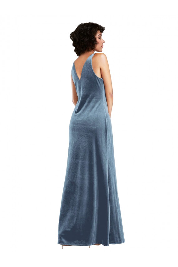 Dusty Blue Cowl Neck Sleeveless V-Back Long Prom Dress Canada Supplier