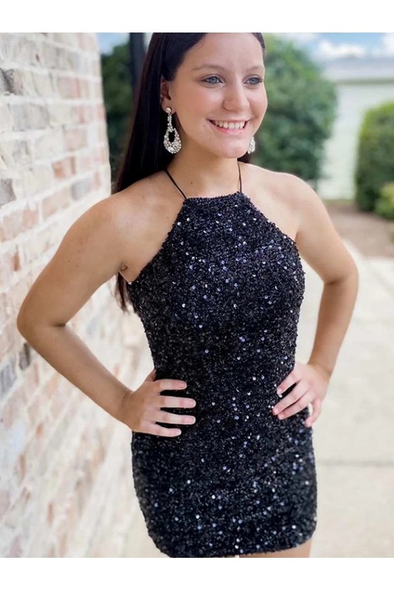 Black Halter Neck Sleeveless Short Short Homecoming Prom Dress Canada Supplier