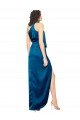 Peacock Blue High Neck Sleeveless Silky Satin Long Prom Dress Canada Supplier