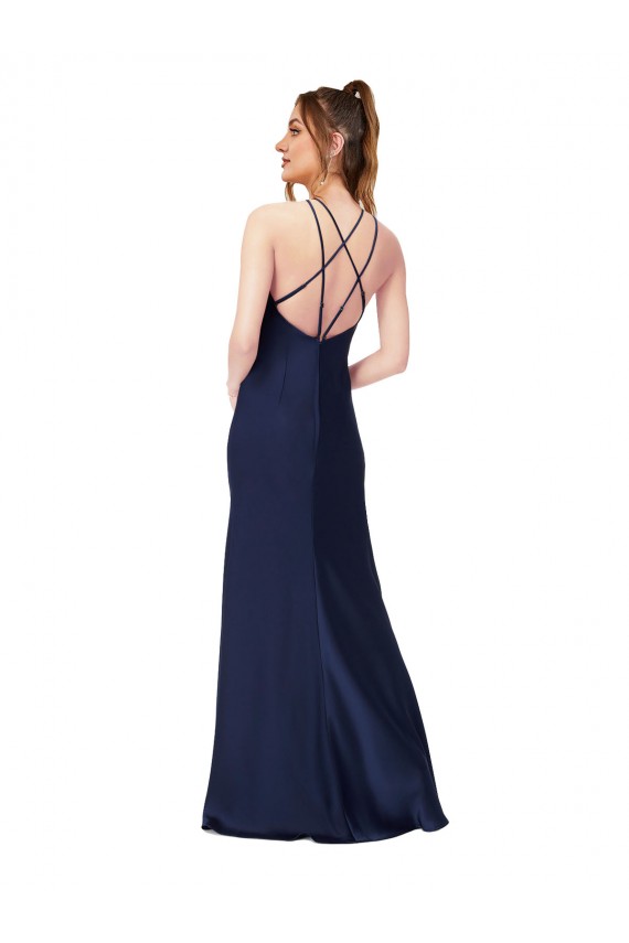 Sapphire High Neck Sleeveless Criss Cross Back Long Prom Dress Canada Supplier