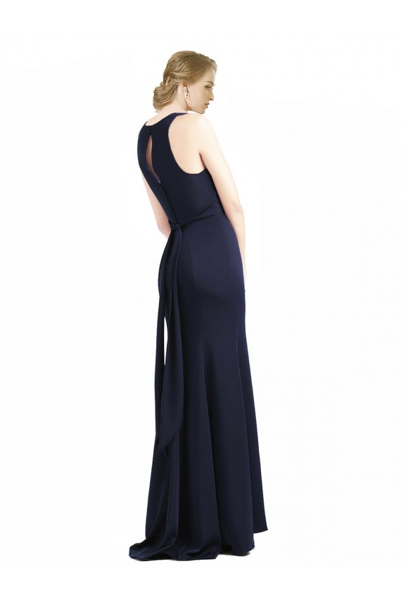 Dark Navy High Neck Sleeveless Keyhole Back Long Prom Dress Canada Supplier