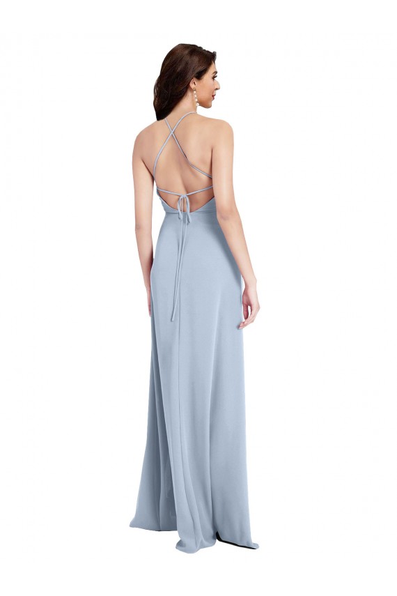 Light Sky Blue High Neck Sleeveless Criss Cross Open Back Long Prom Dress Canada Supplier