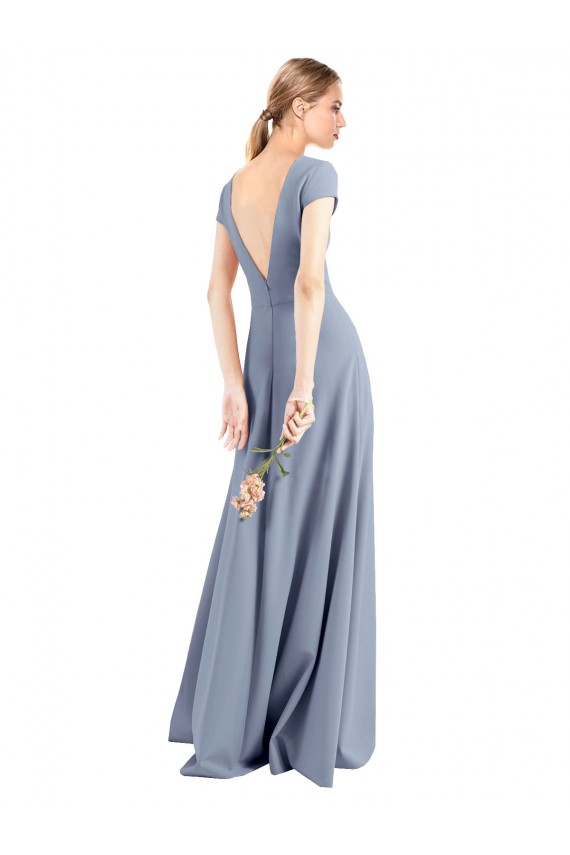 Smoke Blue High Neck Cap Sleeves Long Prom Dress Canada Supplier