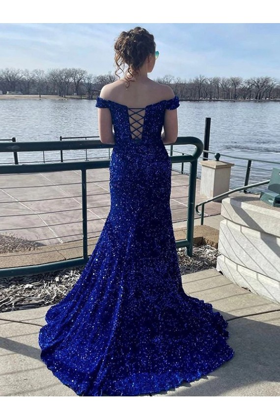 Royal Blue Off the Shoulder Sleeveless Sweep Train Prom Dress Canada Supplier