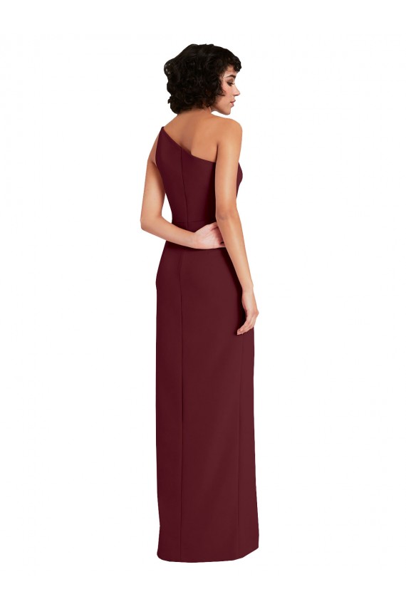 Burgundy Gold One Shoulder Sleeveless Stretch Crepe Long Prom Dress Canada Supplier