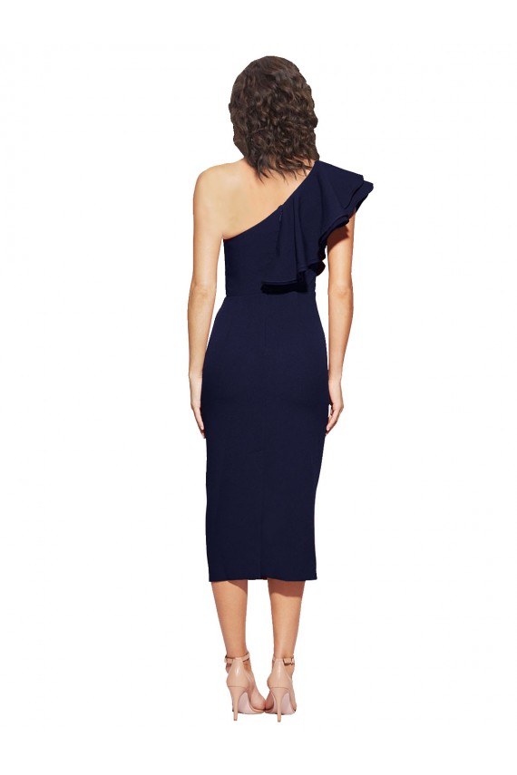 Dark Navy One Shoulder Sleeveless Midi Length Evening Prom Gowns Canada Supplier