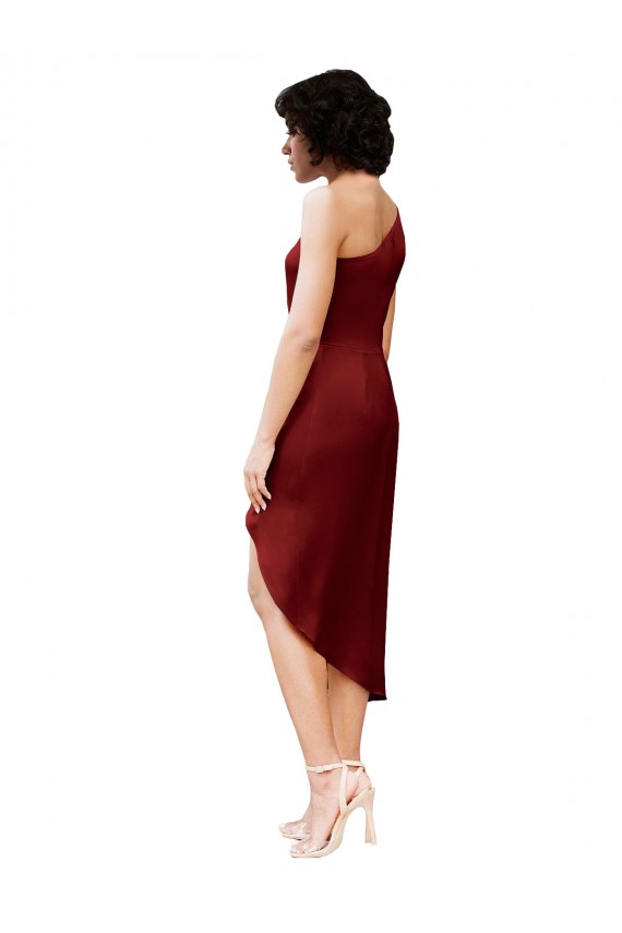 Burgundy One Shoulder Sleeveless Midi Length Prom Dress Canada Supplier