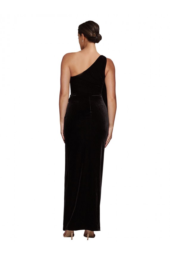 Black One Shoulder Sleeveless Stretch Velvet Long Prom Dress Canada Supplier