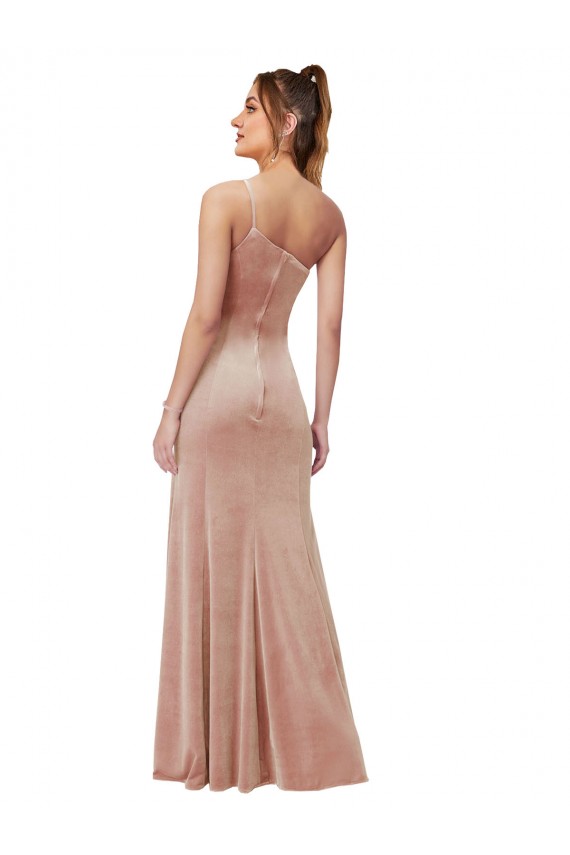 Pink One Shoulder Sleeveless Stretch Velvet Long Prom Dress Canada Supplier