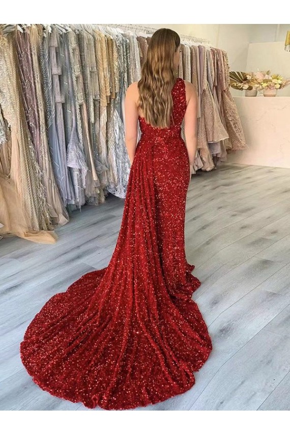 Burgundy One Shoulder Sleeveless Court Train Prom Dress Canada Supplier
