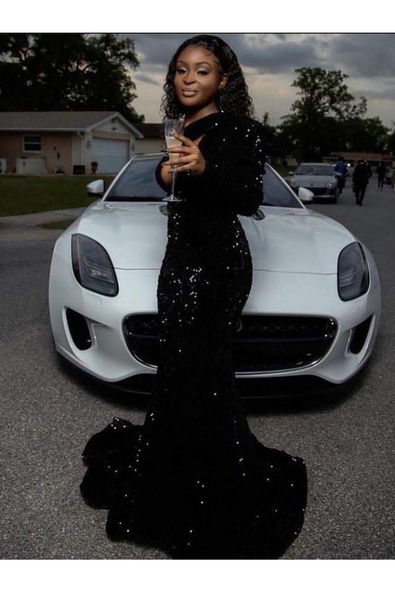Black One Shoulder Long Sleeves Sweep Train Prom Dress Canada Supplier