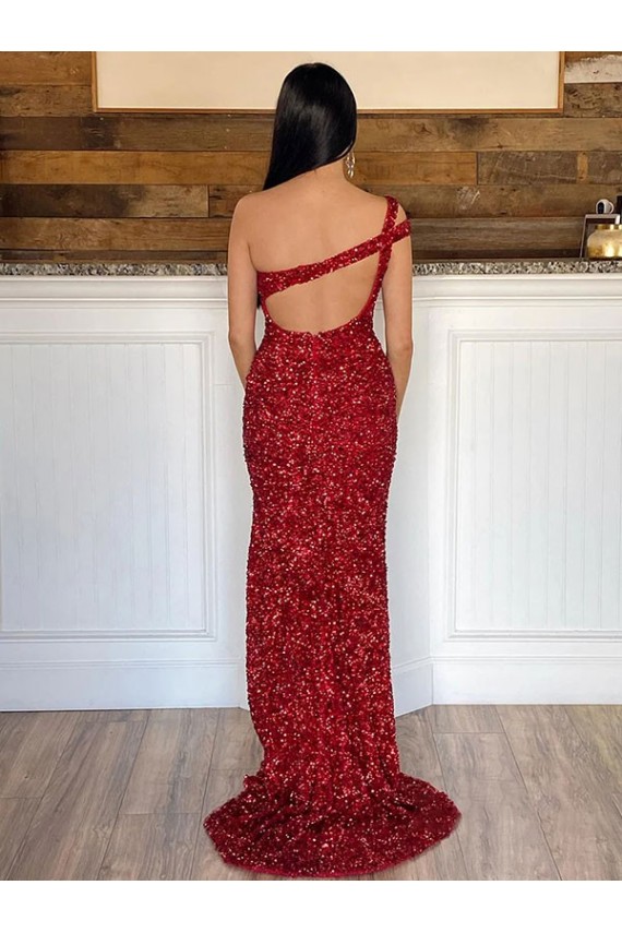 Burgundy One Shoulder Sleeveless Sweep Train Prom Dress Canada Supplier